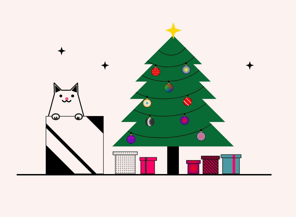 Christmas tree and presents with a cat climbing on the biggest present. It's been awhile since I tinkered with CSS art so I'm a bit rusty :)